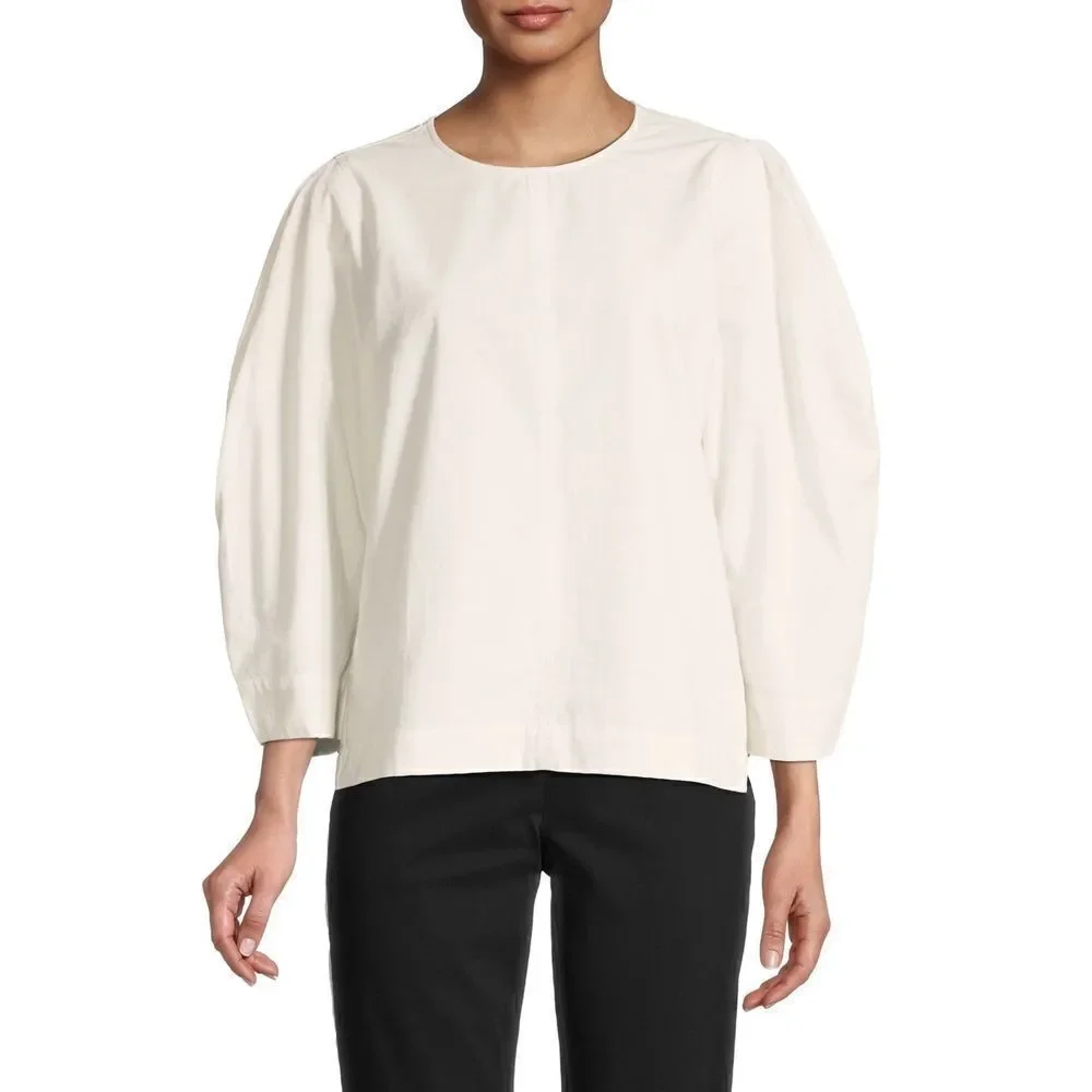 Madewell Cotton Crepe White Puff-Sleeve Seamed Top Size Small